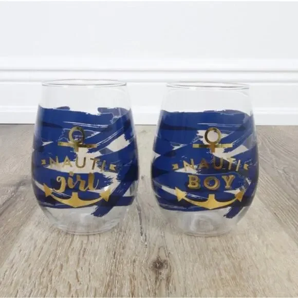 Wine Drink Glasses Set - Nauti Girl & Nauti Boy, New in box - Picture 2 of 6
